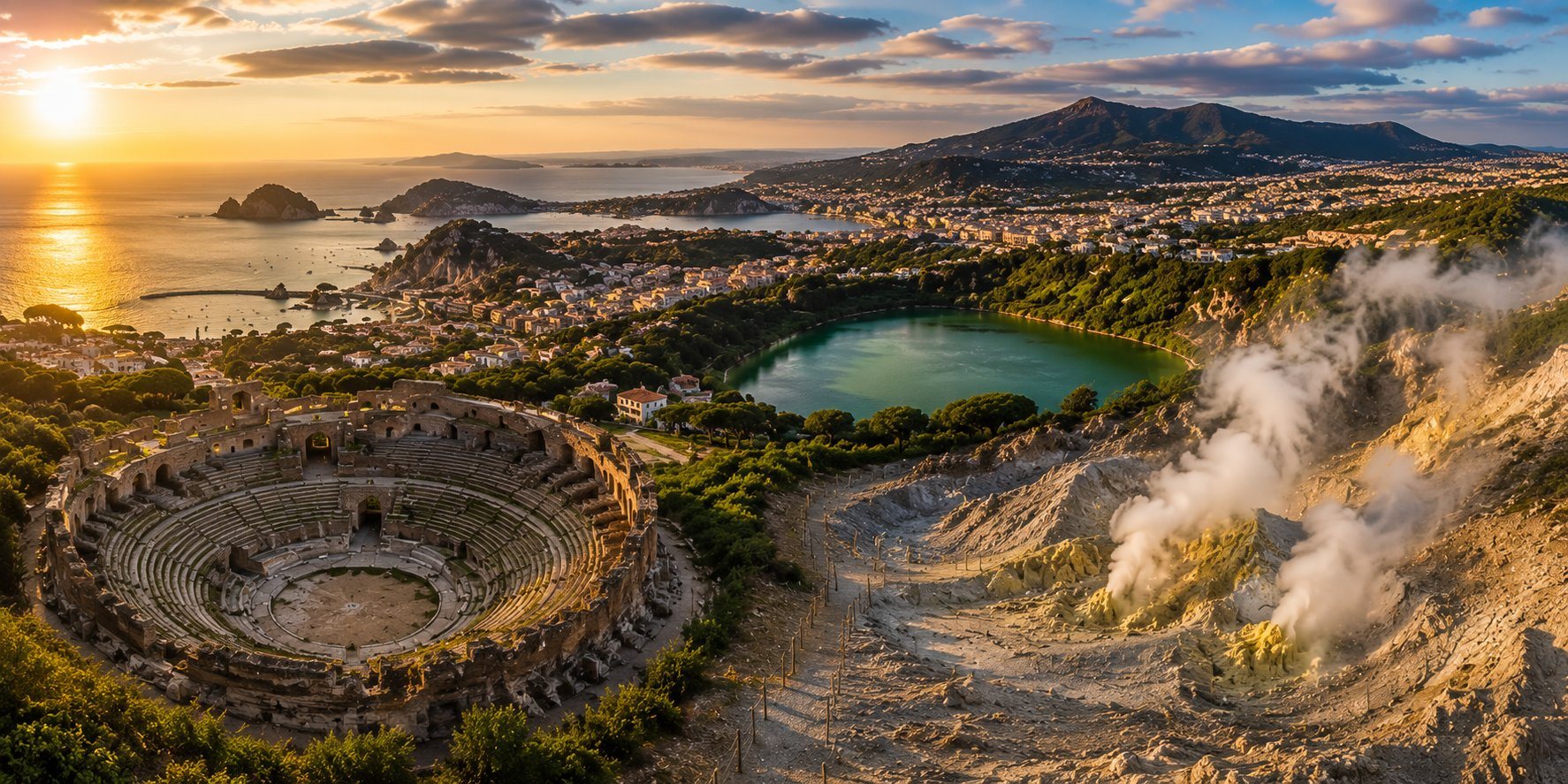 Veduta aerea dei Campi Flegrei al tramonto — un anfiteatro romano, il verde lago vulcanico e le fumarole vulcaniche fumanti a ovest di Napoli
